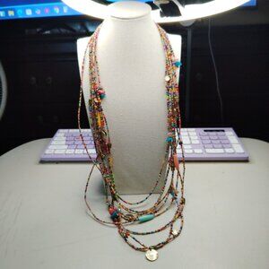 Chico's 9-Strand Multicolor Glass Bead Necklace w/ Gold-Tone Disks, Stone Chips
